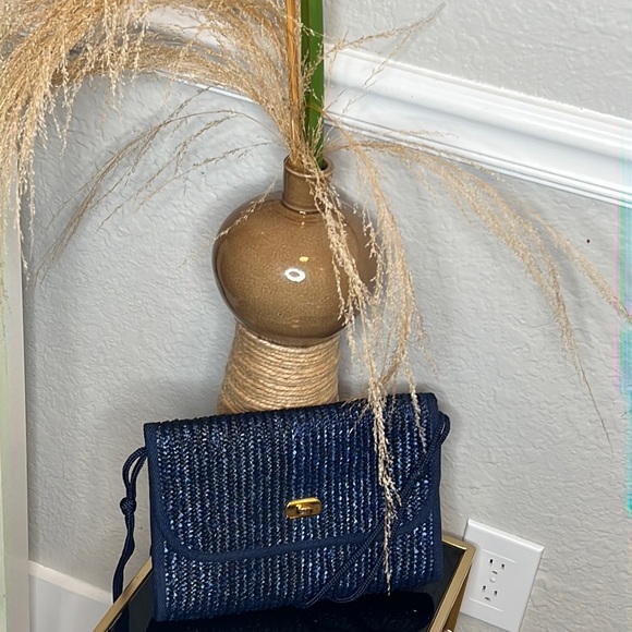 Vintage Blue Straw Woven Crossbody Handbag - Picture 6 of 12